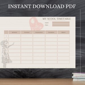 May include: Printable school timetable featuring a pink heart illustration. The timetable includes spaces for name, class, and a daily schedule from Monday to Friday.