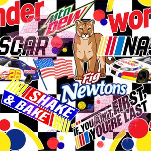 May include: A collage featuring a cougar, race cars, and various brand logos, including "Mountain Dew," "Wonder," and "Fig Newtons." The design incorporates the American flag, the text "Shake & Bake," and the phrase "If you ain't first, you're last."
