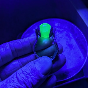 HellsSilverWare Collection Cursed Sterling Silver Spoon Ring, Dark Gothic, Uranium Glass Sphere, Interchangeable, Blackened Patina, Size 11.