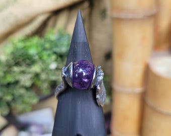 HellsSilverWare Collection Cursed Sterling Silver Spoon Ring, Dark Gothic Amethyst Sphere, Interchangeable, Blackened Patina, Size 11, Haunt