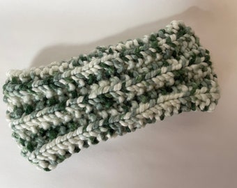 hand knit headband ear warmer in cream and greens in a bulky wool acrylic yarn, ridged pattern, coworker gift, stocking stuffer