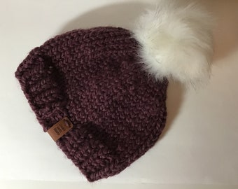 Hand knit ladies winter hat acrylic wool blend yarn Medium purple with white faux fur Pom pom, bulky, warm