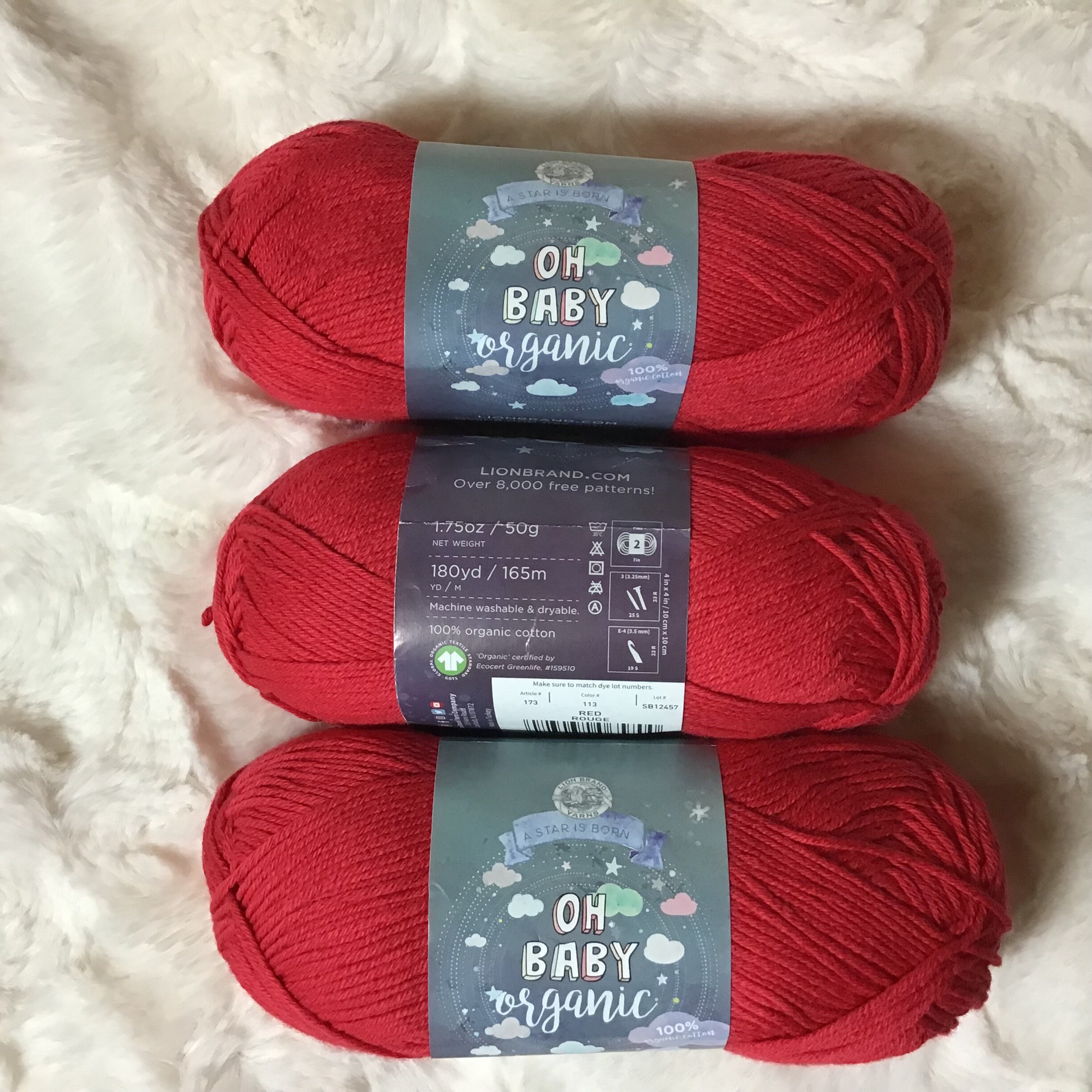 Lion Brand Yarn Oh Baby Red Natrual Fiber Fine Cotton Red Yarn 3 Pack 