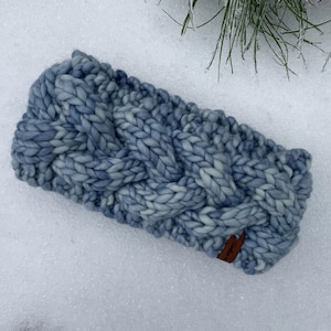 Hand Knit Merino Wool Cable Headband - Light Blue Winter Ear Warmer