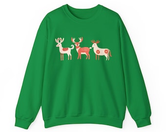 May include: Green sweatshirt with a design of three stylized reindeer with red and white accents.