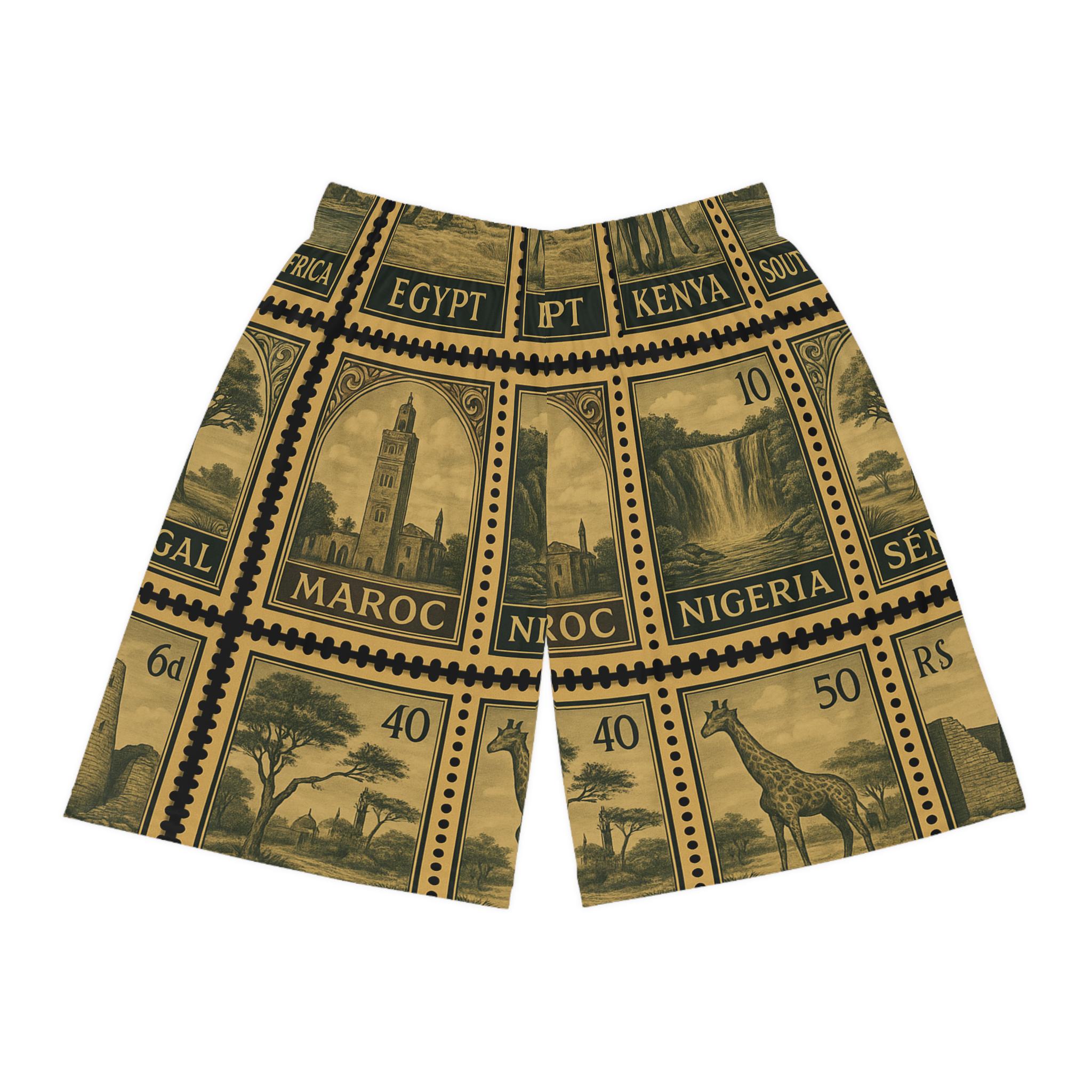 Vintage African Stamp Print Basketball Shorts, Unique Design