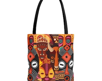 Ethnic Art Tote Bag: Vibrant African Masks, Boho Canvas Shopper