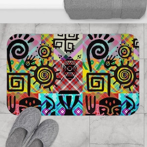 Vibrant Geometric Bath Mat, Colorful Bathroom Décor, Bohemian Style Bathroom Accessory, Art-Inspired Mat, Gift for Home, unique decor, home