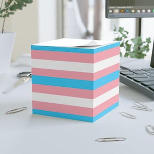 以下が含まれることがあります： 青、ピンク、白のストライプの付箋紙の束。一番上の付箋紙は部分的に剥がれており、その下の空白の付箋紙が見える。