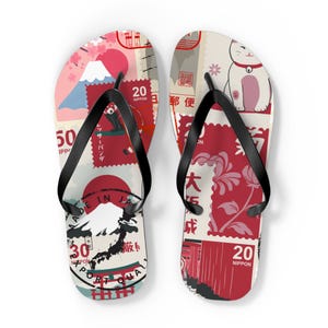 Vintage Travel-Inspired Flip Flops, Summer Beach Sandals, Vacation Footwear, Gift for Her, Tropical Getaway, japan stamps print sandals