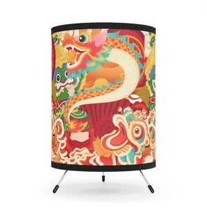 Vibrant Tripod Lamp with Dragon Design Shade, Asian Decor, Bohemian Lighting, Colorful Home Accent, Unique Gift Idea, asian culture, dragons