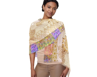 May include: A patterned shawl with a mix of geometric and floral designs in gold, purple, and pastel colors. The shawl is draped over the shoulders, showcasing the intricate patterns and textures. The overall aesthetic is elegant and artistic.