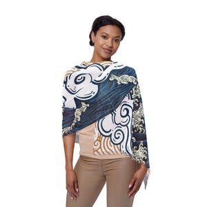 Japanese Waves and Clouds Graphic Light Scarf, Silk Scarf, Fashion Accessory, Neck Wrap, Gift for Her, Lightweight Shawl, scarfs, japanese
