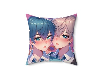 May include: A decorative pillow featuring an illustration of two anime characters, one with blue hair and the other with white hair, with a pink background and hearts.