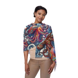 Colorful Octopus Light Scarf, Nautical Bohemian Wrap, Perfect for Beach Days, Layering in Spring, Art Gift for Ocean Lovers, octopus scarf