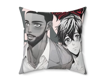May include: A black and white illustration of two men on a pillow. The man on the left has a beard and is wearing a suit jacket. The man on the right has short black hair and is wearing a white shirt. The background is a pink and gray pattern.