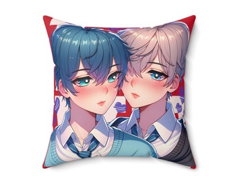 May include: Square pillow featuring an anime-style illustration of two young men with blue and blonde hair, blush, and blue eyes. The background is red with white and purple hearts. The pillow has a white background.