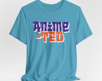 Anime-Ted-shirt voor animeliefhebbers, retro T-shirt met graffititekst, paars en oranje