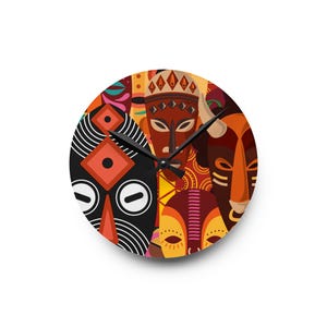 Vibrant Acrylic Wall Clock with Tribal Art, Unique Home Decor, African-Inspired Design, Wall Decor for Living Room, Gift for Art Lovers,
