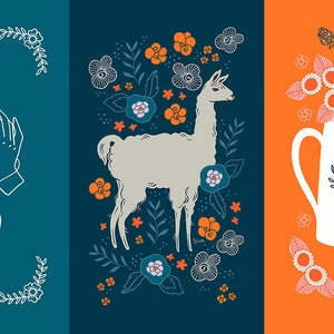 May include: Three illustrations on a teal, navy blue, and orange background. The first illustration shows two hands holding a ball of yarn and a heart shape made from yarn. The second illustration shows a white llama standing in a field of flowers. The third illustration shows a white teapot with a bird design on it.
