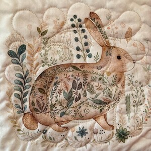 以下が含まれることがあります： 茶色のウサギと花柄のキルト生地。ウサギは、緑、茶色、ベージュの色合いの植物イラストに囲まれています。キルトはスカラップエッジと、花柄とスクロールデザインの装飾的なボーダーが付いています。