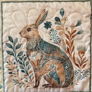 以下が含まれることがあります： 茶色、ティール、ベージュの色合いで、スタイリッシュな花の要素に囲まれたウサギの詳細なイラストが特徴のキルト壁掛け。ウサギには複雑な模様があります。ボーダーは緑とクリーム色の花柄です。