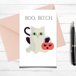 Carte drôle d'Halloween, Boo Bitch, carte de costume de chat dans le fantôme, tour de chat ou carte de traitement, carte d'Halloween de chat, cartes imprimables, cartes d'Halloween