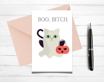Divertente biglietto di Halloween, Cagna Boo, Gatto in costume da fantasma, Biglietto per dolcetto o scherzetto per gatti, Biglietto di Halloween per gatti, Cartoline stampabili, Cartoline di Halloween