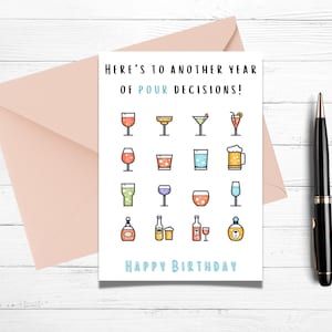 Funny Birthday Card, Here&#39;s to another year of POUR decisions, Printable Birthday Card, Alcohol Birthday Card, Digital Birthday Card