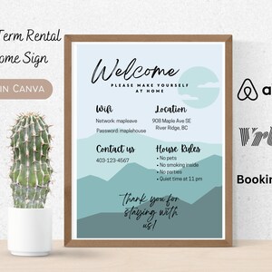 Placa de boas-vindas para aluguel por temporada, placa de boas-vindas para aluguel de curto prazo, Air BnB, pôster de chegada de hóspedes, modelo Canva, para impressão, PNG