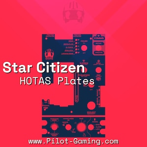 Może przedstawiać: Zestaw płyt HOTAS Star Citizen w kolorze niebieskim i czerwonym z różnymi kontrolkami i etykietami, w tym 'FRICTION INCREASE', 'COMS', 'POWER', 'ACTIVE', 'INACTIVE', 'THRUSTERS', 'ESP', 'LASER POWER', 'REQUEST', 'SCANNING MODE', 'MINING MODE', 'PING', 'MINING', 'DOORS', 'OPEN', 'CLOSE', 'LOCK', 'NORMAL MODE', 'ARM', 'UP', 'DOWN', 'G-FORCE', 'SPIN LOCK/UNLOCK', 'DECOUPLED', 'IS-FORCE', 'SON LOCK', 'LANDING GEAR' oraz 'www.Pilot-Gaming.com'.