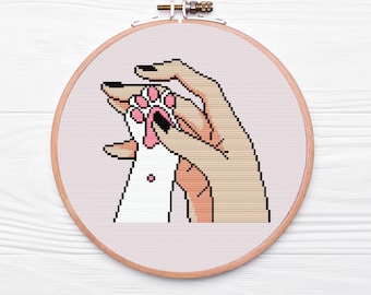 Patrón de punto de cruz "Mano sosteniendo una pata de gato", patrón PDF de Toebeans, diseño de punto de cruz para regalo