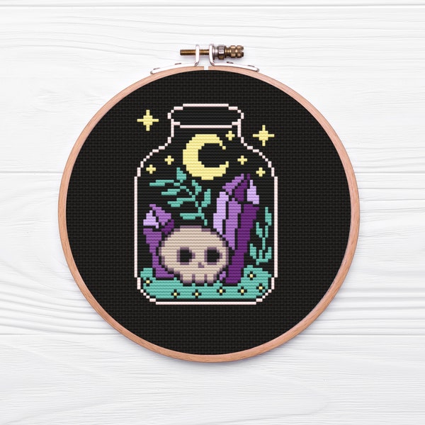 Magic Skull Terrarium Crystal Jar Cross Stitch Pattern - PDF Download