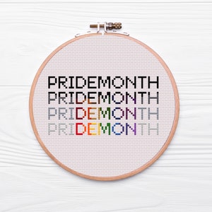 May include: A white embroidery hoop with the phrase "PRIDEMONTH" repeated four times in rainbow colors. The hoop is on a white wooden background.