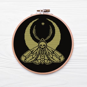 Macabre Skull Moth with Moon Cross Stitch Pattern - PDF Download