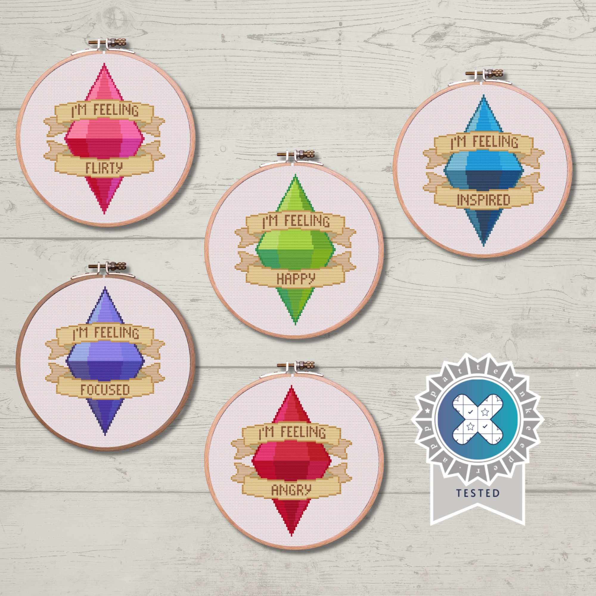 Set of 5 Cross Stitch Patterns - Sims 4 Plumbob Moodlets (Angry, Happy, Flirty, Inspired, Focused) - PDF Download