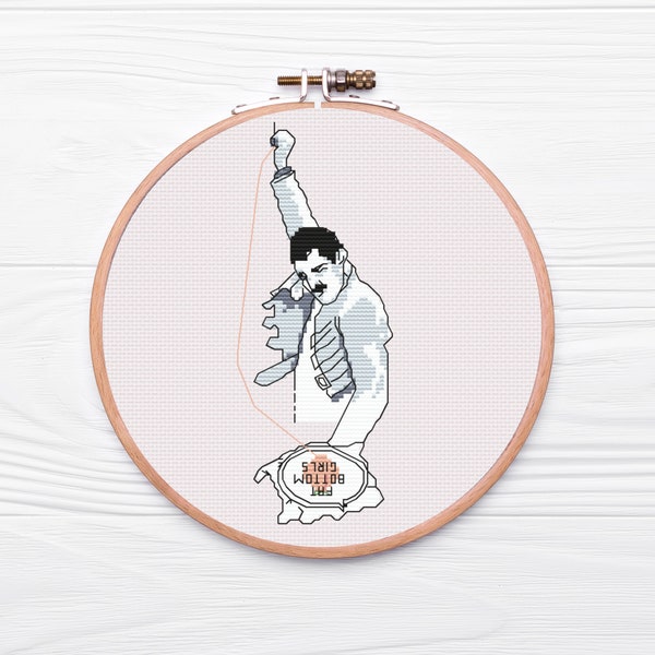 Freddie Mercury Stitching a Peach Fat Bottomed Girls Cross Stitch Pattern - PDF Download