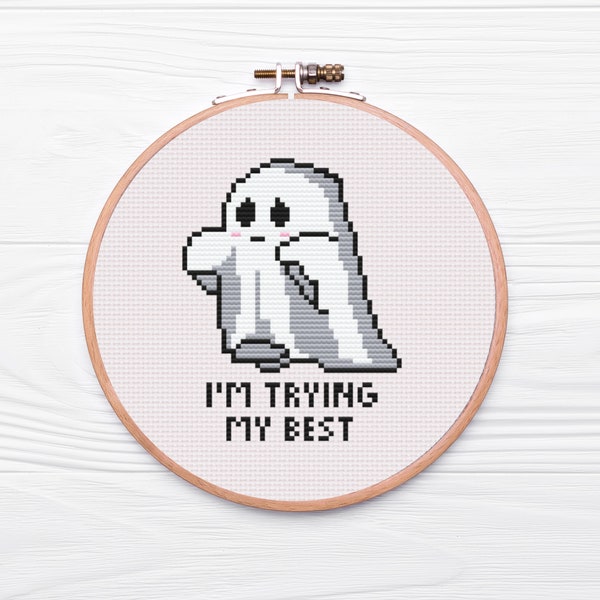 Sad Ghost is Trying His Best Cross Stitch Pattern PDF Download, Cute Kawaii Ghost, Motivational Embroidery, Easy Stitch, Small Size