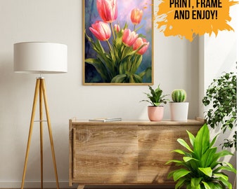 Colorful Tulips Flowers Floral Printable Wall Art Home Decor Flowers Oil Painting Style Unique Design Digital Download