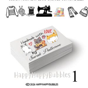 May include: A stack of rectangular white organic cotton labels featuring the text Handmade with LOVE by Sarah Pallerson, accompanied by illustrations of three cats, one using a sewing machine, and small red hearts and paw prints.