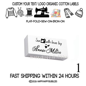 Sewn With Love Personalized Custom Name Organic Cotton Fabric Labels Sew Iron on Crochet Knit Clothes Quilt Blankets Patchwork Sweater Tags