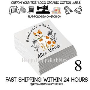 May include: A stack of square white organic cotton labels featuring a printed orange and white cat illustration, black floral line art, and the text Handmade with love and Alice Morris. The top includes icons of sewing supplies.