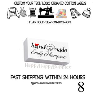 May include: A rectangular white organic cotton label featuring the black text handmade with a red heart and a cat illustration inside a heart, followed by the name Emily Thompson. Above are icons of a sweater, yarn, thread, sewing machine, quilt, scarf, and hat.