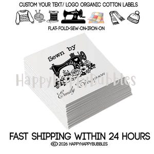 May include: A stack of white square fabric labels featuring a black printed design of a vintage sewing machine surrounded by floral elements. The text reads Sewn by and Emily Thompson. Icons of sewing supplies appear at the top of the image.
