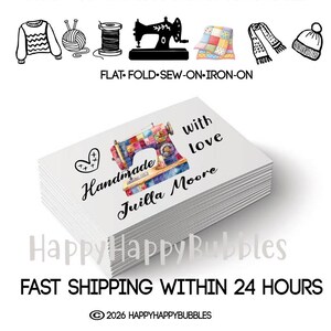 May include: A stack of rectangular white labels featuring a colorful watercolor sewing machine illustration, a small heart icon, and the black printed text Handmade with love Juilla Moore. The top of the image displays icons of knitting and sewing items.