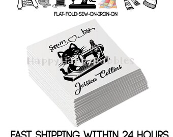 Cat Dog Sewing Machine Custom Name Fabric Labels Organic Cotton Handmade Quit Crochet Knit Purse Clothes Blankets Sweater Sew Iron Tags