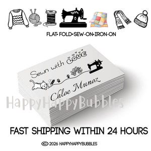 Personalized Cat Sewing Machine Sewn love  Organic Cotton Fabric Labels Sew Iron on Crochet Knit Clothes Quilt Blankets Patchwork  Logo Tags