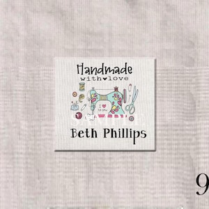 May include: Square label with the text "Handmade with love" above a colorful illustration of a sewing machine, scissors, and other sewing notions. The name "Beth Phillips" is printed below the illustration.