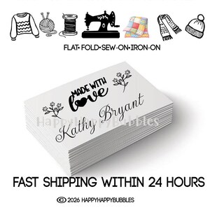 May include: A stack of white rectangular organic cotton labels featuring the black printed text Made with love and the name Kathy Bryant, accompanied by floral illustrations. The labels are presented with icons of sewing supplies and garments.