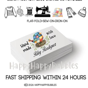 May include: A stack of rectangular white organic cotton labels featuring a colorful patchwork bird in a nest illustration. The text reads Hand made with love and the name Riley Rordiguez. Above are icons of a sweater, yarn, spool, sewing machine, quilt, scarf, and hat.